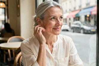 Femme de 45 ans portant un piercing hélix discret à l'oreille dans un café parisien, style naturel et confiant