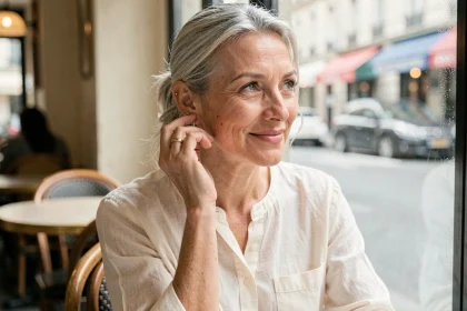 Femme de 45 ans portant un piercing hélix discret à l'oreille dans un café parisien, style naturel et confiant
