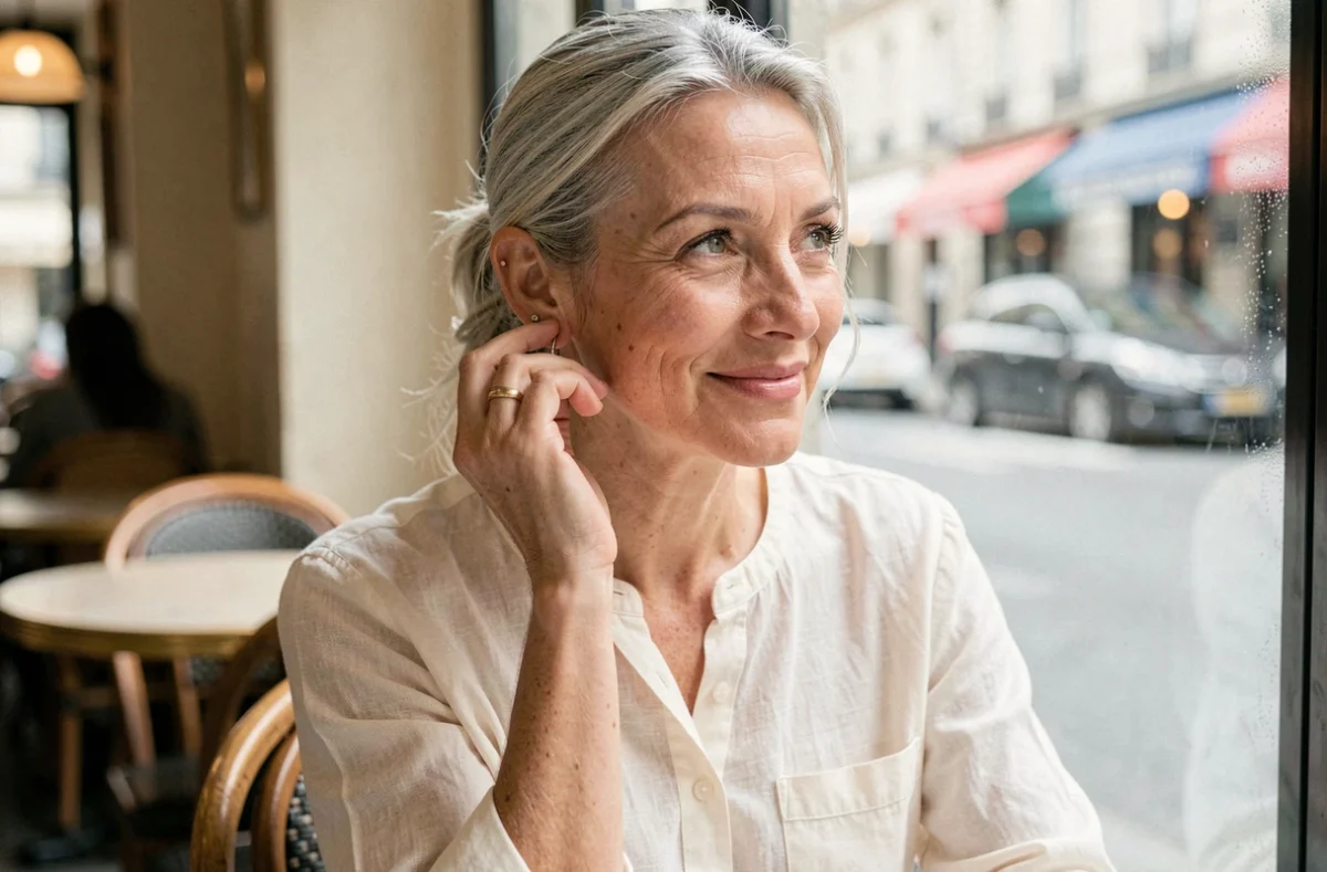 Femme de 45 ans portant un piercing hélix discret à l'oreille dans un café parisien, style naturel et confiant