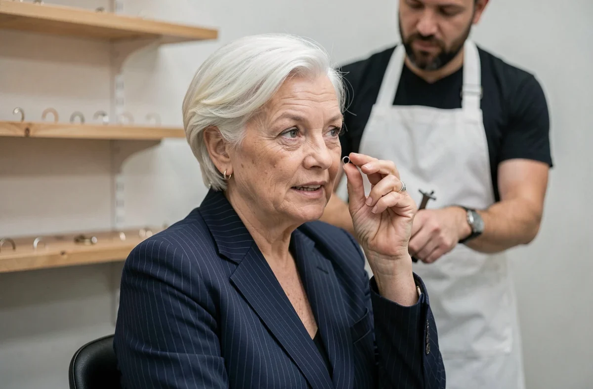 Femme de 60 ans en bijouterie consultant pour un piercing haut de l'oreille avec une perceure professionnelle