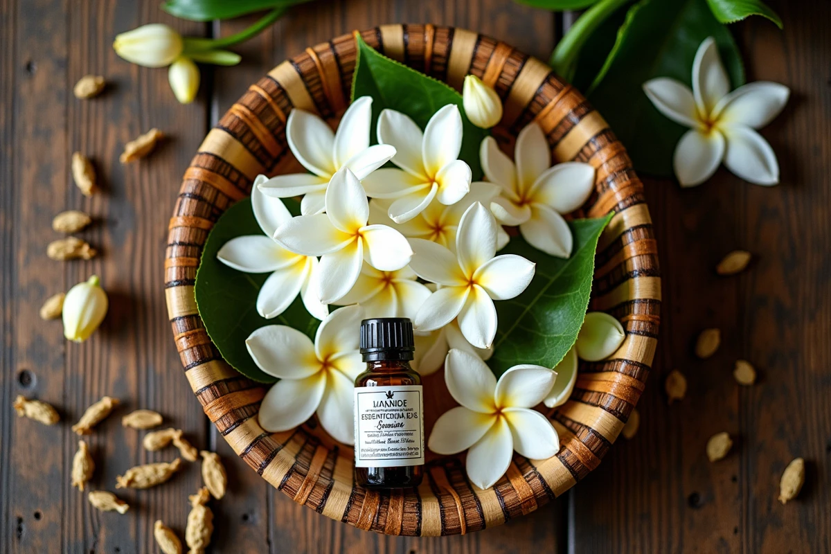 Plateau de jasmin de Bali avec fleurs fraîches, huile essentielle et étiquette artisanale sur table en teck