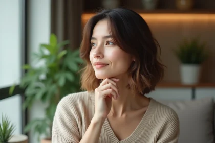 Femme aux cheveux lisses et coupe en couches dans un intérieur cosy