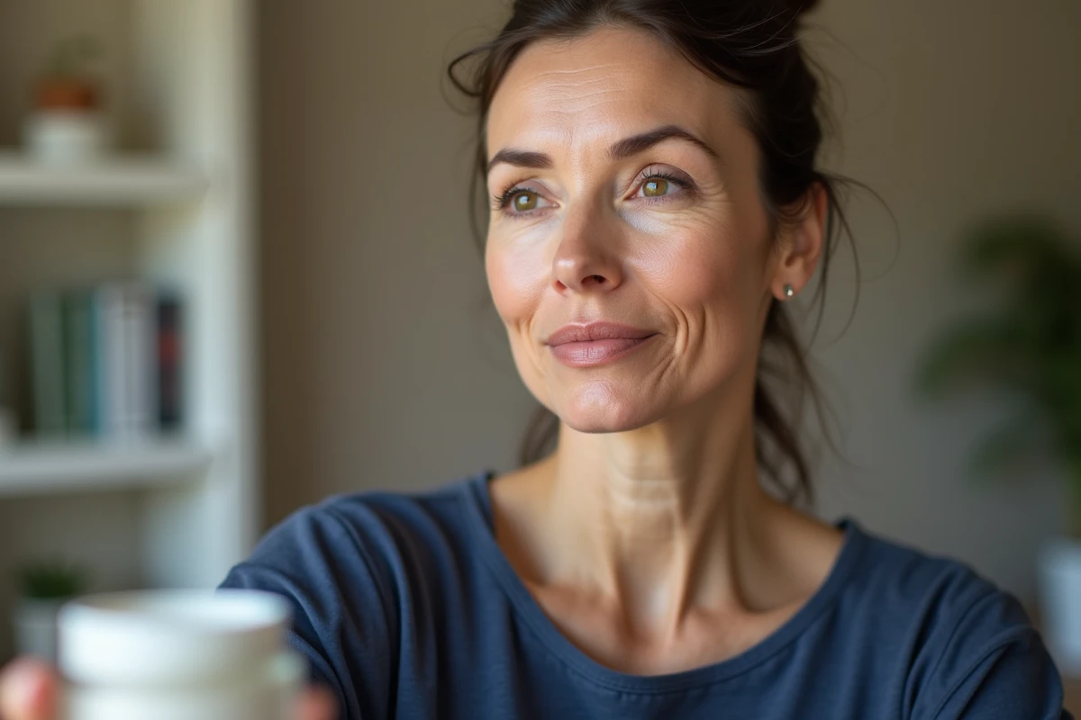 Portrait réaliste d'une femme mature montrant des rides visibles malgré l'utilisation de soins anti-âge, crème floue au premier plan