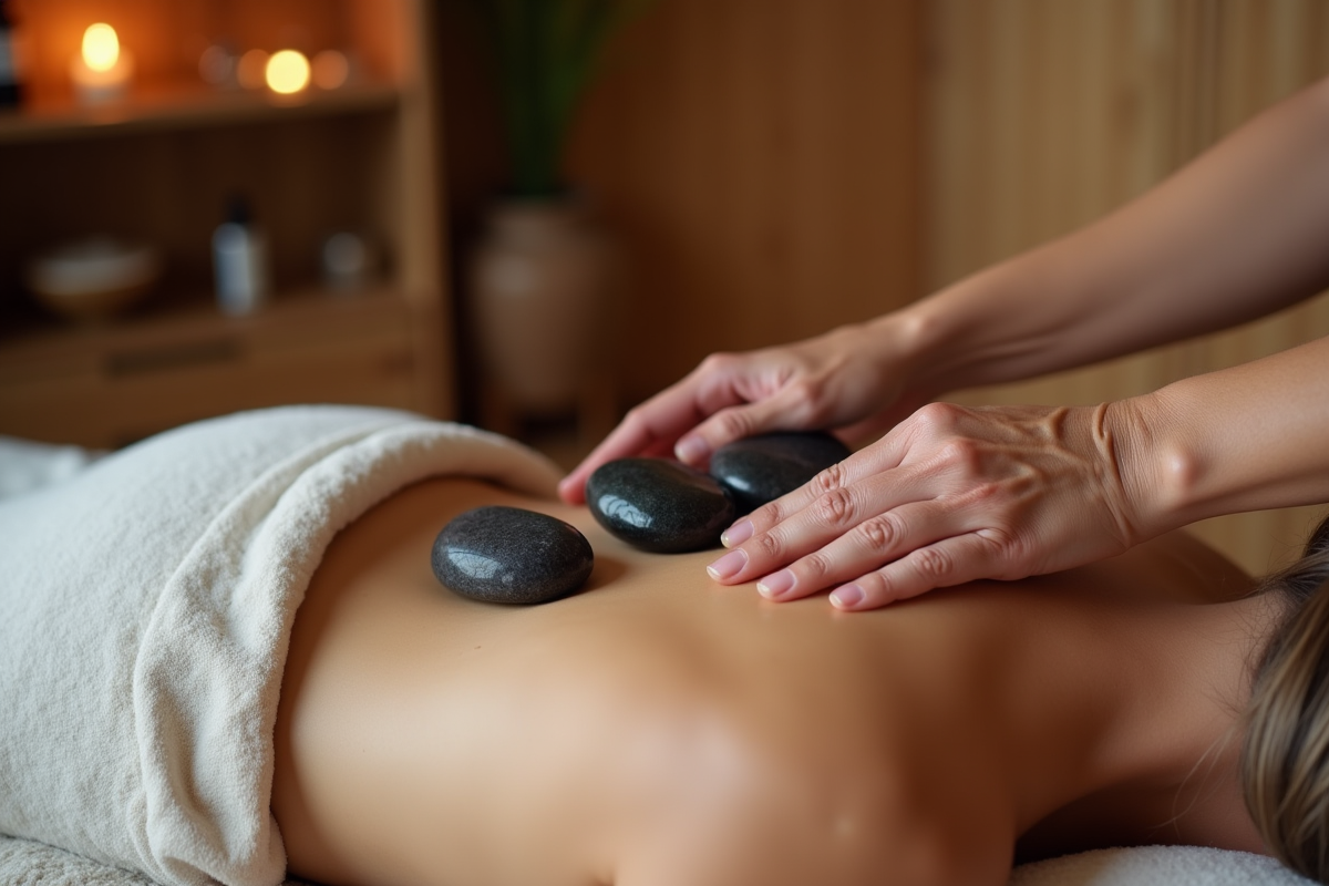 Mains délicates disposant des pierres de basalte sur le dos d