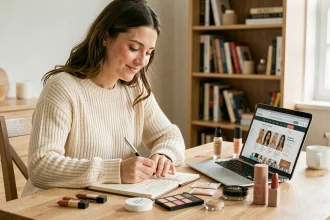 Femme préparant une liste de shopping beauté dans un carnet avant de visiter un magasin Ulta