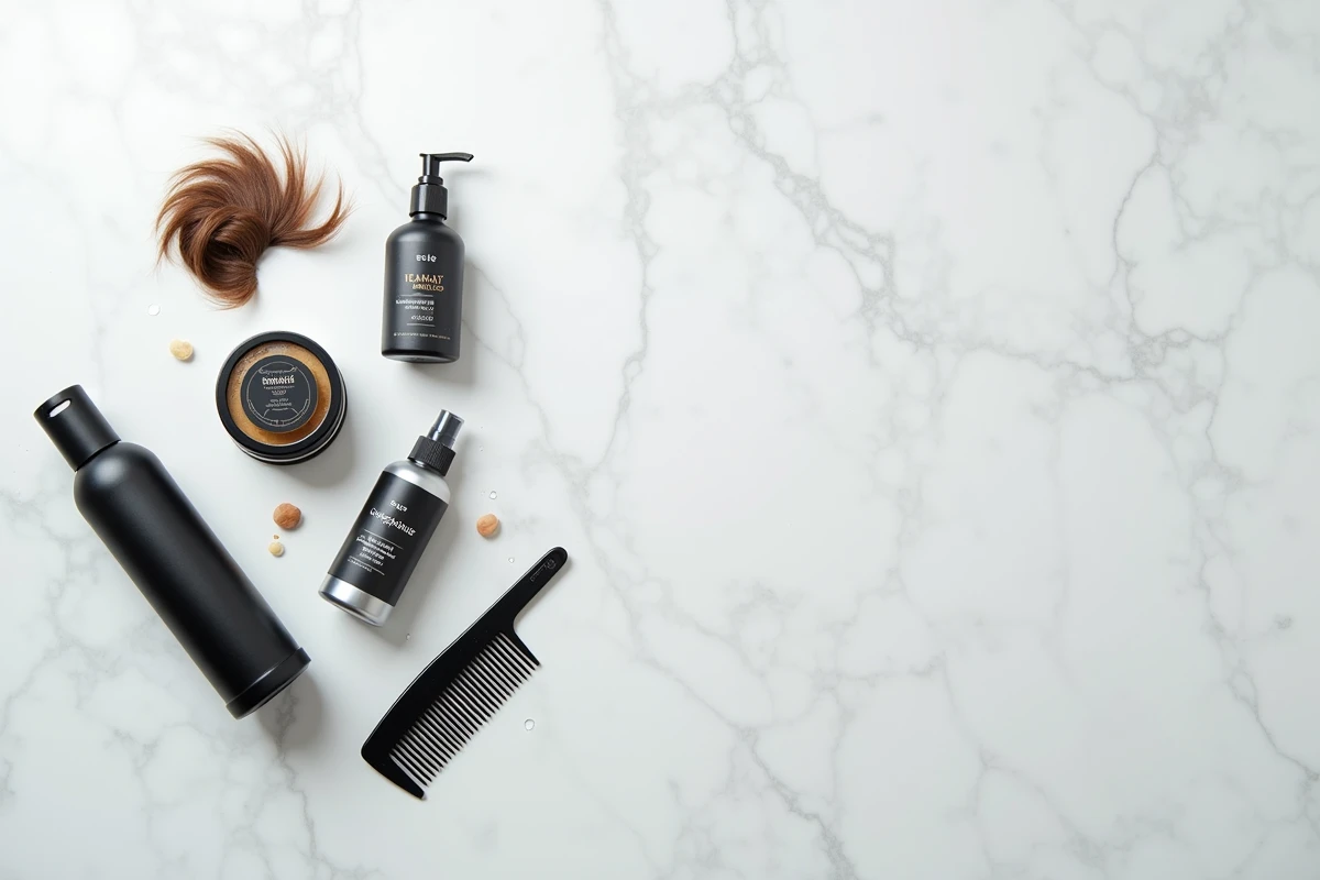 Vue de dessus de produits coiffants pour cheveux garçon alignés sur un marbre blanc, incluant cire, gel et peigne