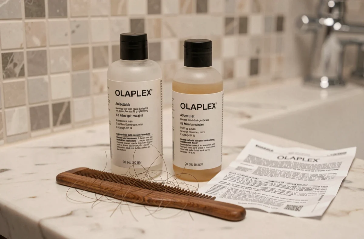 Produits Olaplex sur un comptoir en marbre avec un peigne et des cheveux abîmés, symbolisant les controverses autour de la marque de soin capillaire