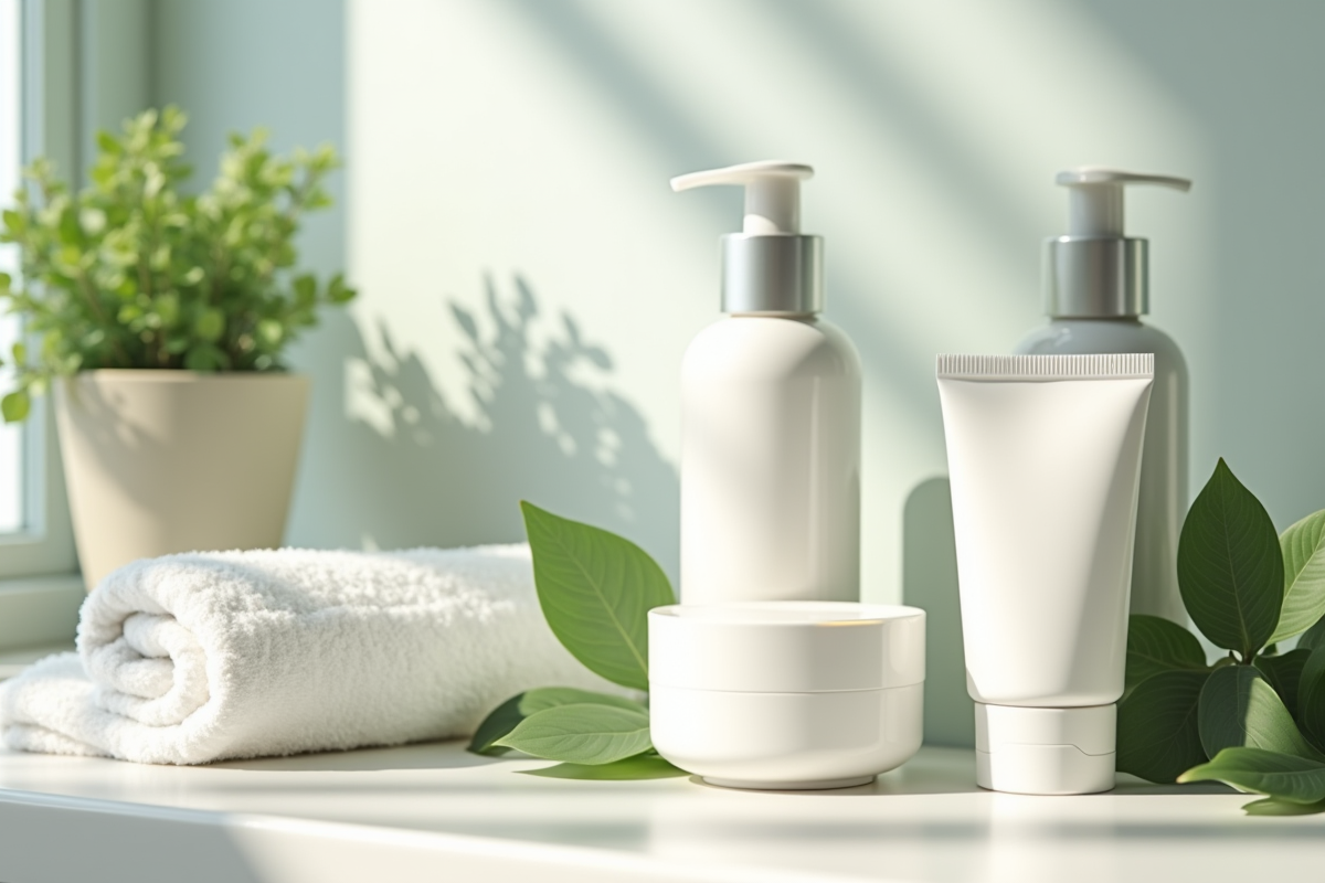 Produits de soin visage avec serviette et feuilles vertes
