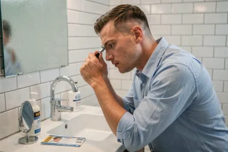 Homme se rasant les tempes avec un rasoir de sûreté dans une salle de bain moderne, ticket de métro posé sur le bord du lavabo