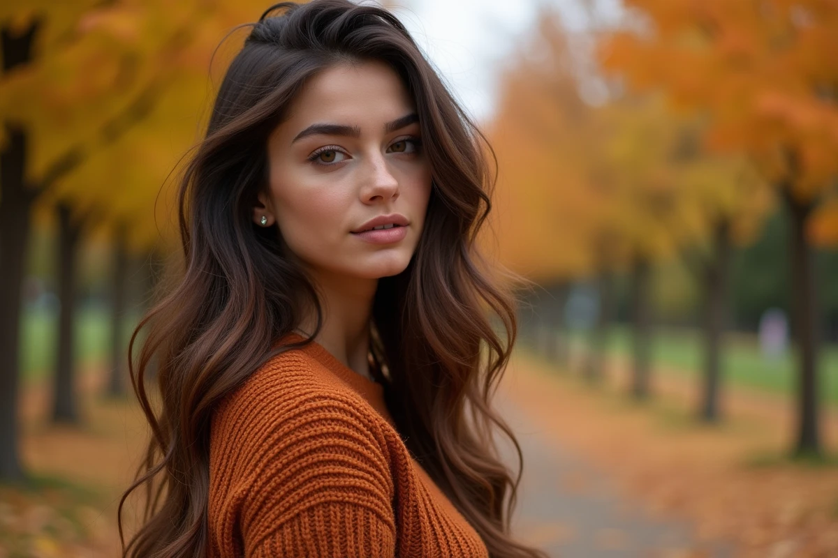 Jeune femme avec des reflets caramel miel sur cheveux bruns foncés en automne