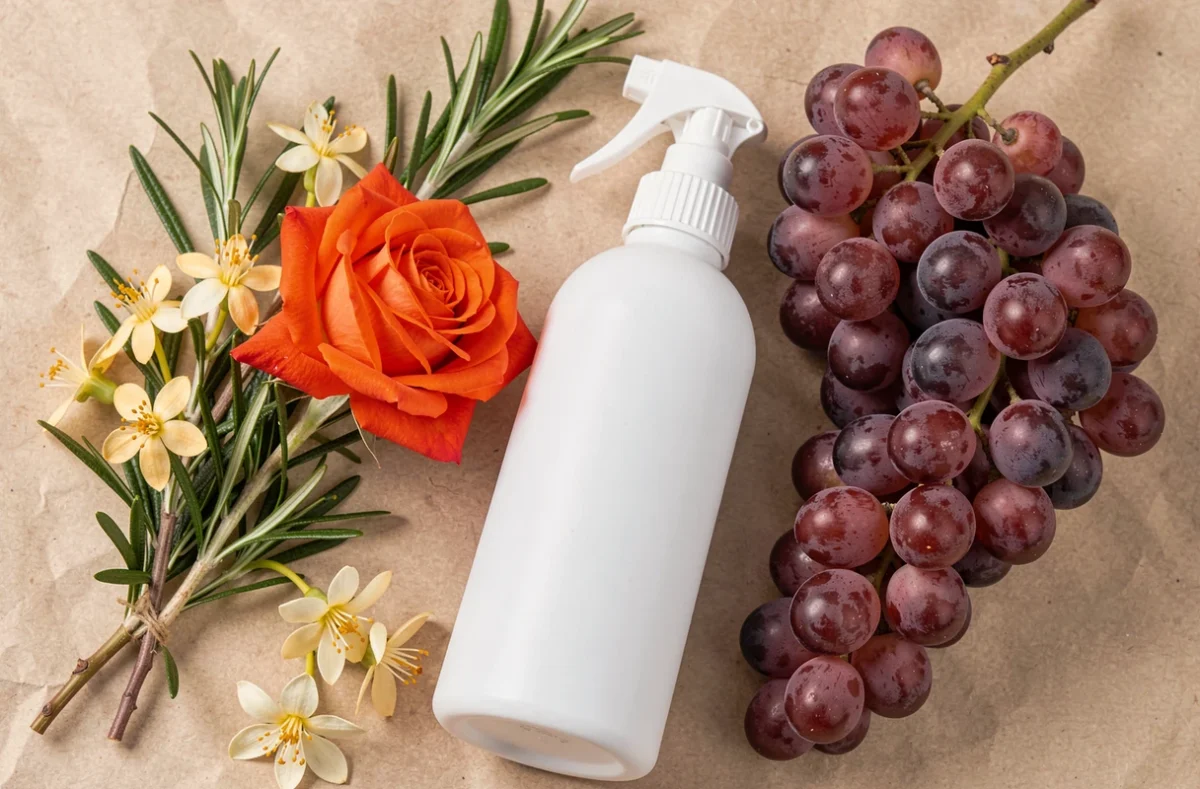 Rose, fleur d'oranger, romarin et raisin à côté d'un flacon vaporisateur