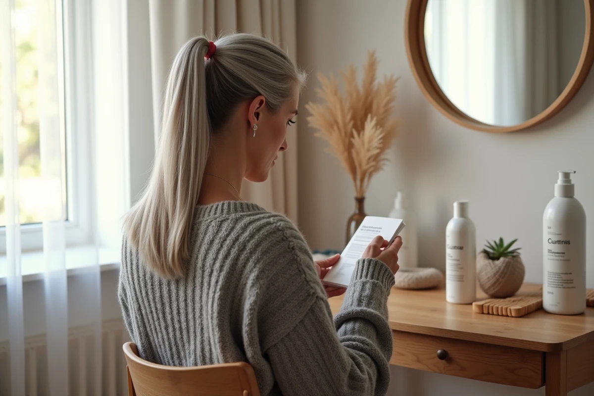 Femme lisant l'étiquette d'un produit Cutrins à sa coiffeuse en bois dans une routine capillaire matinale