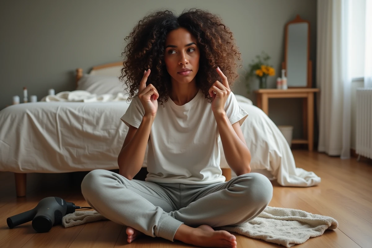 Femme aux cheveux frisés mi-séchés comparant les résultats de sa routine capillaire à la maison, illustrant les erreurs de volume et de définition des boucles