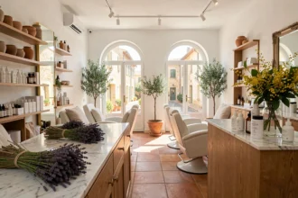 Intérieur d'un salon de beauté provençal élégant avec des comptoirs en marbre, des chaises blanches et des fenêtres donnant sur une rue méditerranéenne ensoleillée