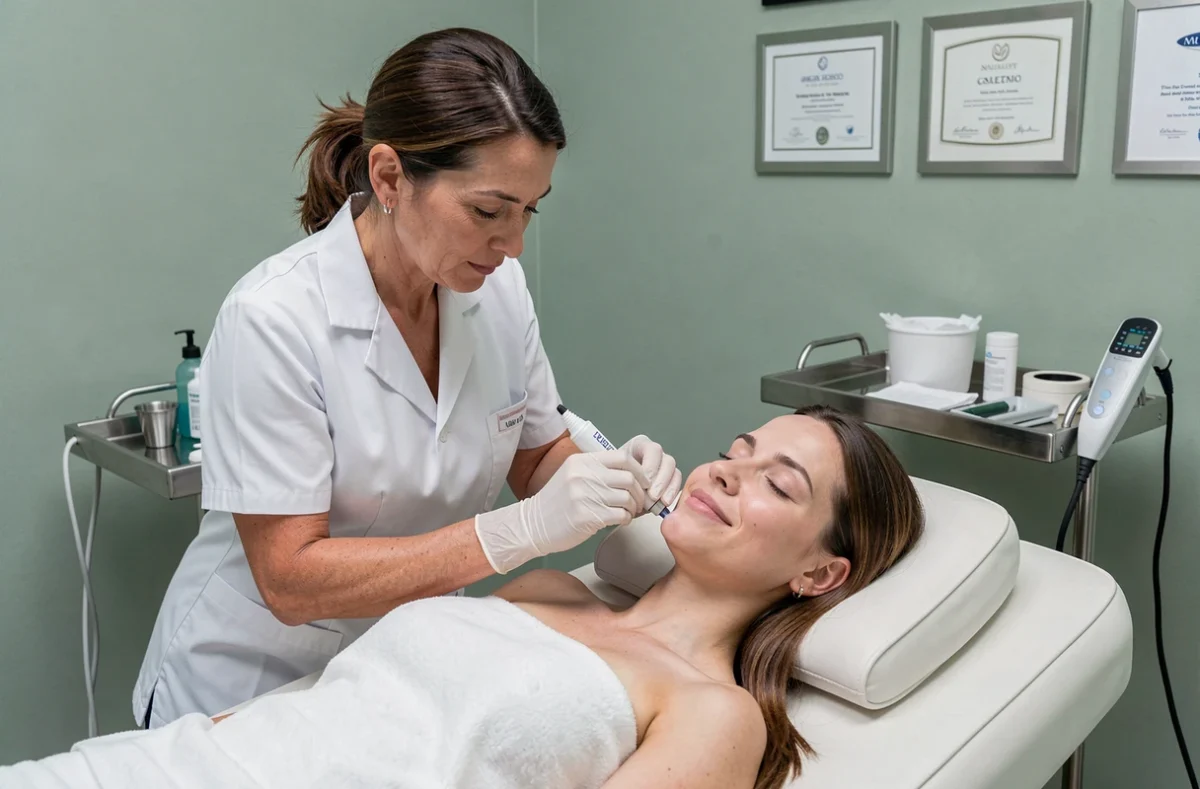 Esthéticienne professionnelle réalisant un soin microneedling en institut de beauté sur une cliente allongée