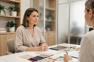 Femme en séance de relooking dans un studio de conseil en image minimaliste et moderne