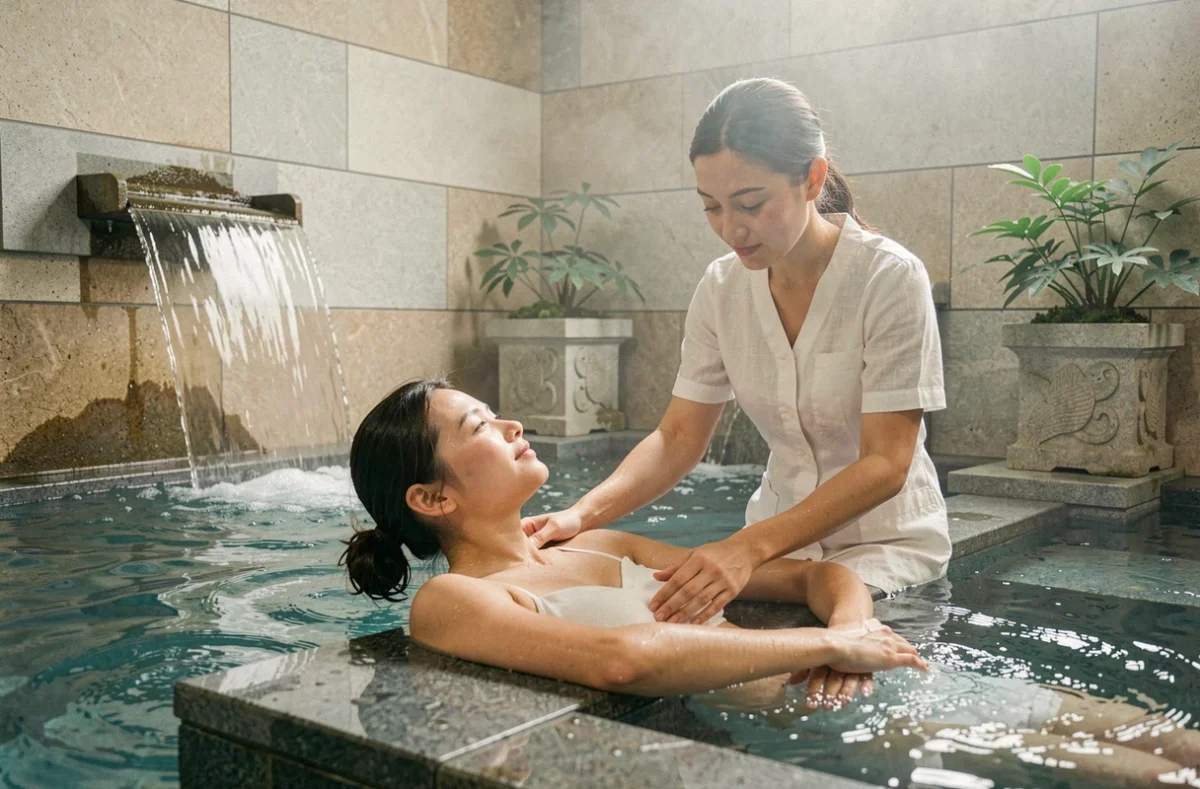 Thérapeute guidant une cliente vers un bassin d'hydrothérapie au Sequoia Day Spa