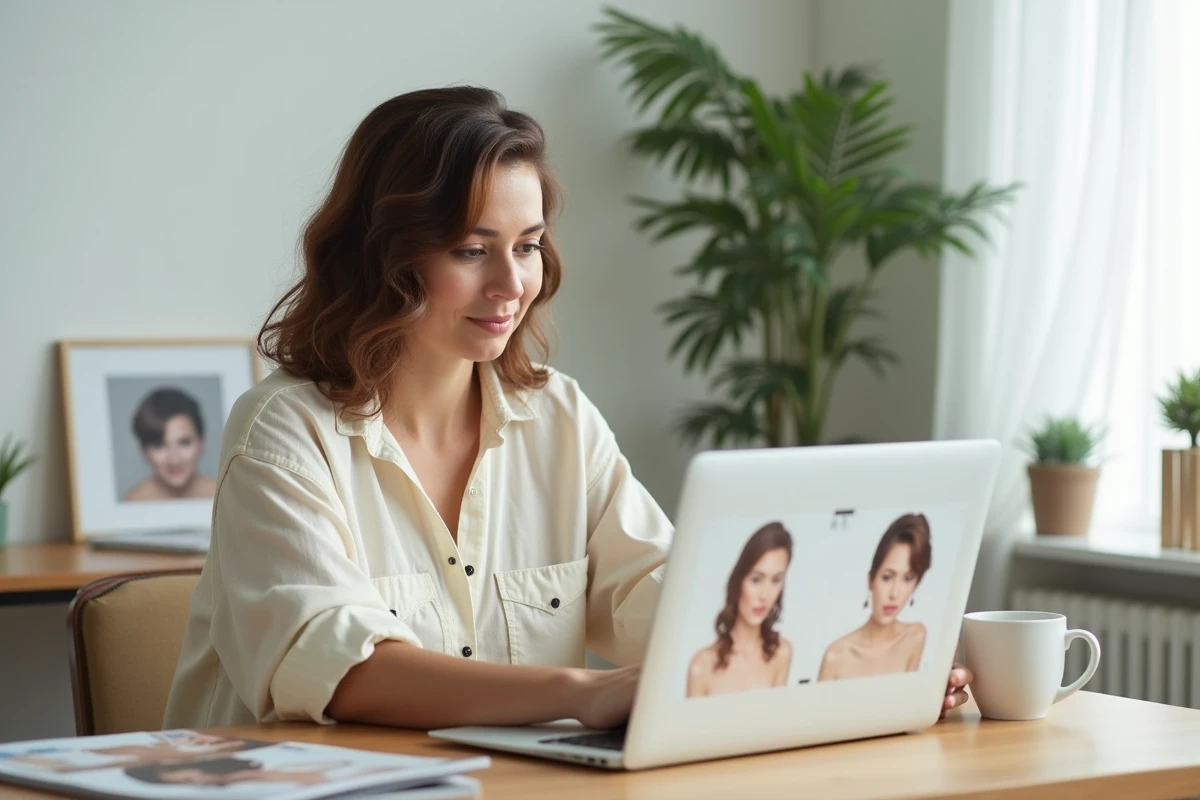 Femme au visage rond testant un simulateur de coiffure gratuit sur ordinateur portable à la maison
