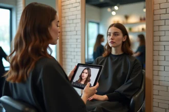 Femme au visage rond utilisant un simulateur de coupe de cheveux sur tablette dans un salon de coiffure moderne