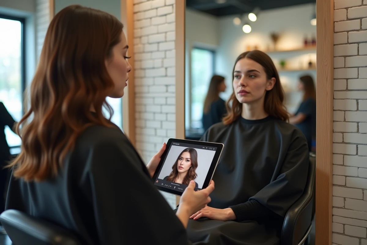 Femme au visage rond utilisant un simulateur de coupe de cheveux sur tablette dans un salon de coiffure moderne