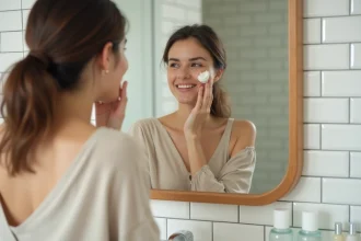 Jeune femme appliquant un soin Eau Précieuse sur une peau sujette à l'acné hormonale dans une salle de bain épurée