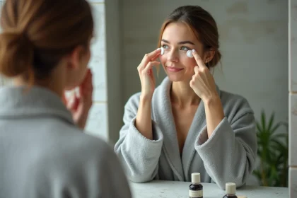 Femme appliquant soin anti-cerne visage devant miroir