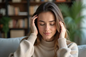 Femme se massant le cuir chevelu dans un intérieur apaisant