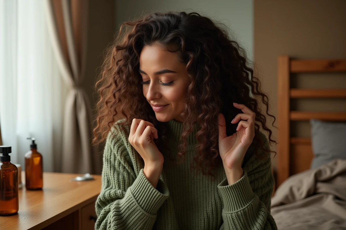 Femme aux boucles longues et définies appliquant un soin réparateur pour cheveux bouclés abîmés à la vanité