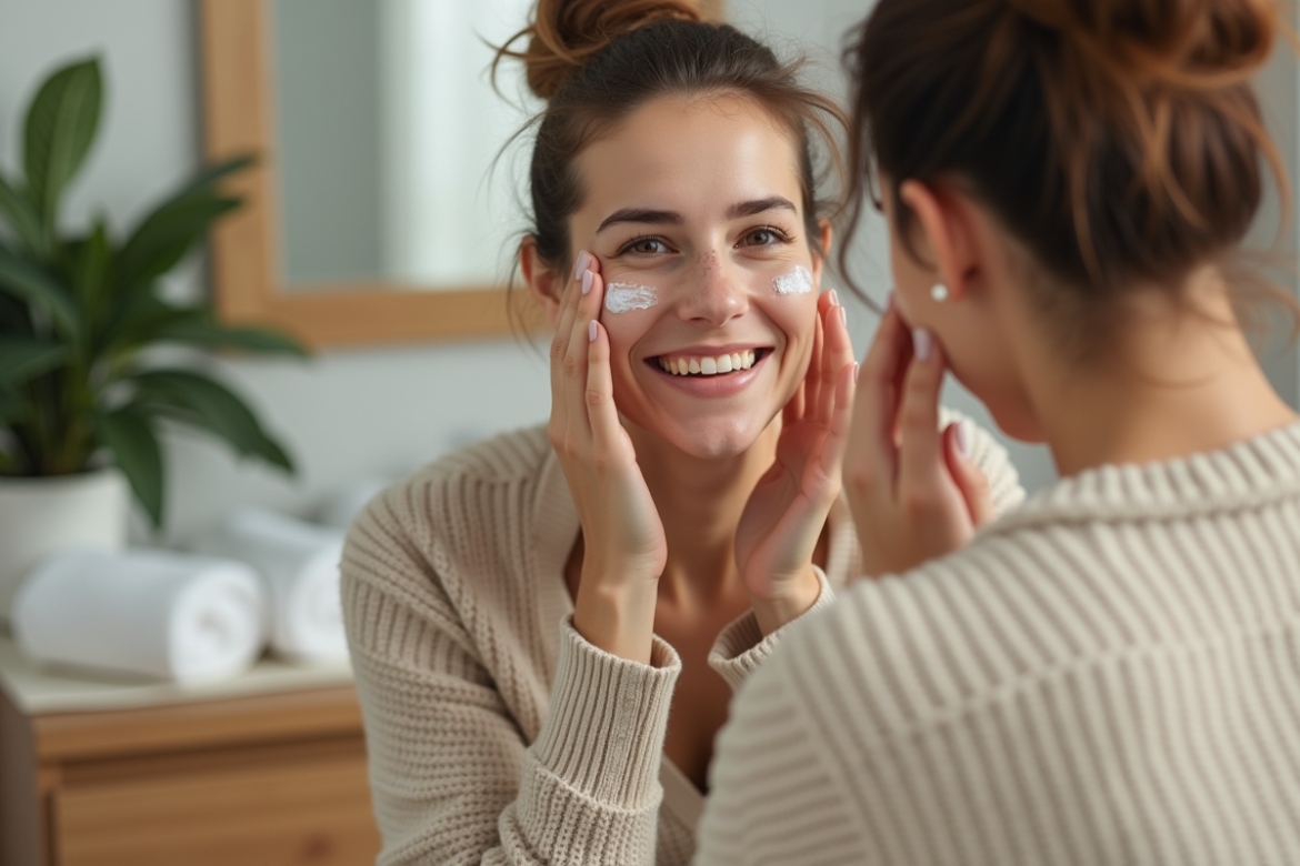 Femme appliquant un exfoliant naturel sur le visage