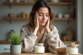 Femme appliquant une creme naturelle sur le visage dans une ambiance cozy