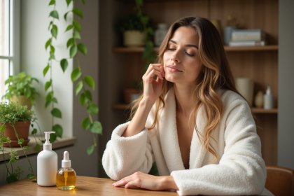 Femme en peignoir appliquant une huile naturelle sur ses cheveux