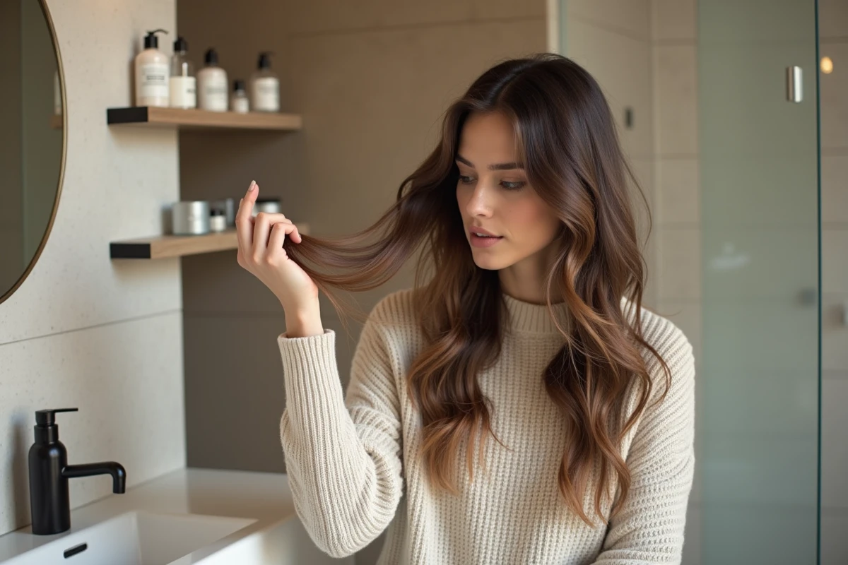 Femme examinant ses cheveux secs dans une salle de bain naturelle