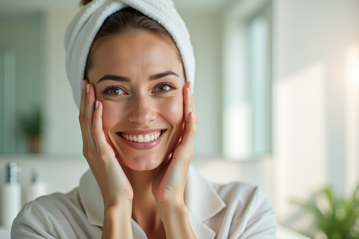 Femme d'âge moyen se massant le visage dans une salle lumineuse