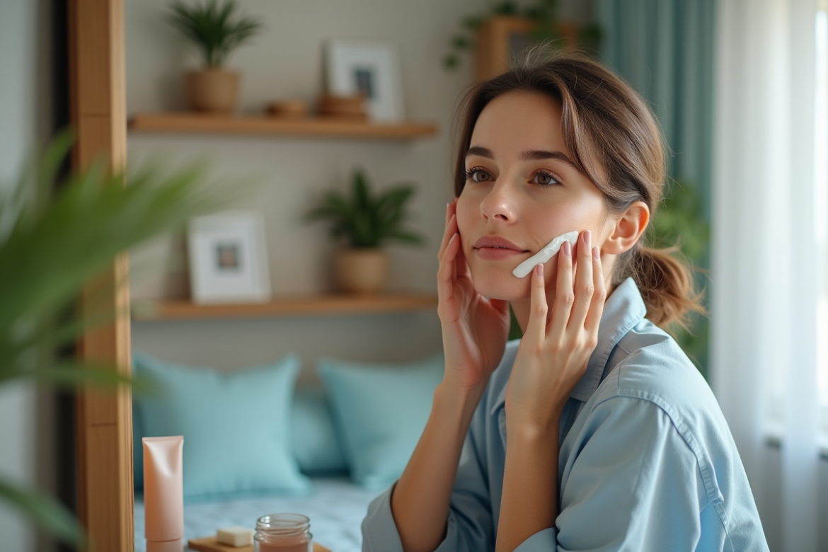 Femme appliquant crème hydratante sur le visage