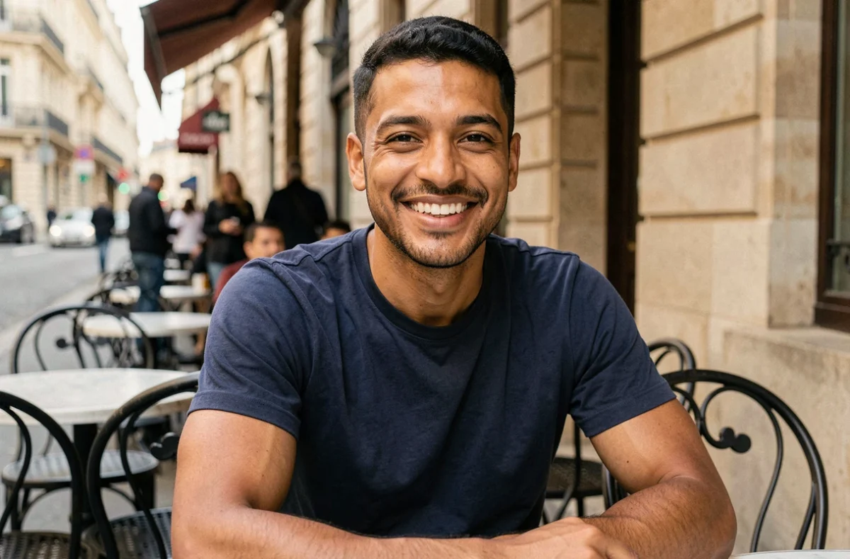Homme à peau mate souriant en terrasse de café parisien avec des dents blanches naturelles