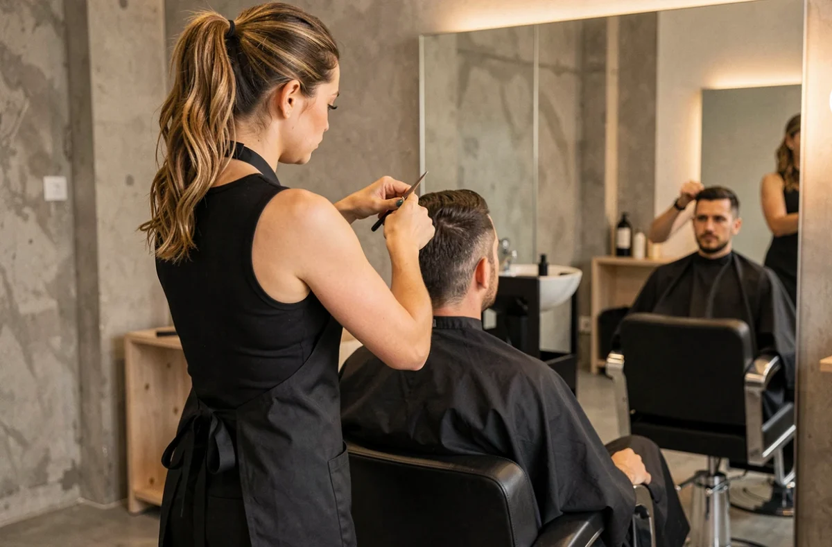 Coiffeuse professionnelle au Studio 54 à Montpellier réalisant une coupe précise sur une cliente