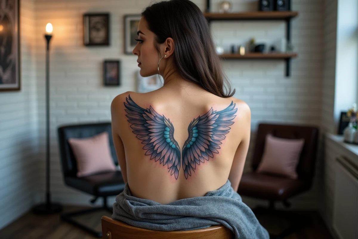Femme montrant son tatouage ailes d'anges aquarelle dans le dos, réalisé dans un studio de tatouage professionnel
