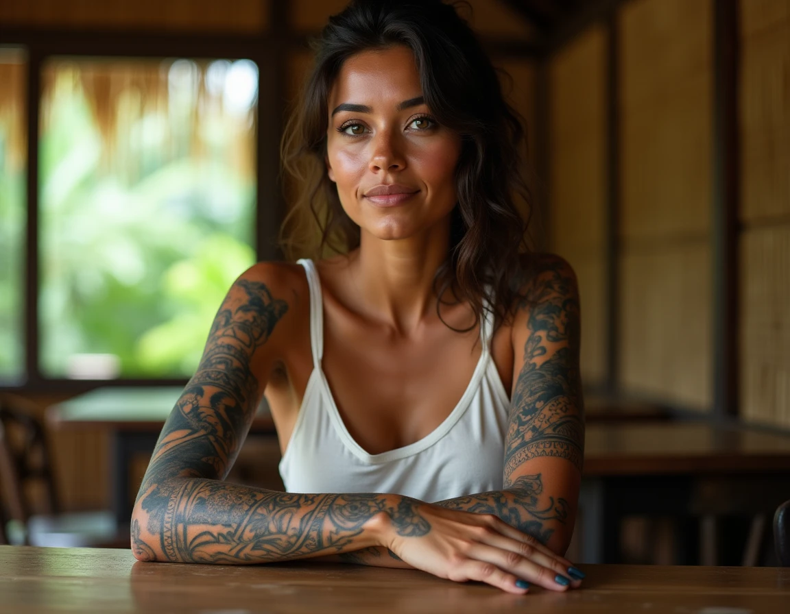 Femme polynésienne avec un tatouage demi-manche traditionnel aux motifs enata et raie manta dans un intérieur polynésien authentique