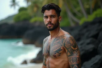 Homme polynésien avec un tatouage manche complète traditionnel aux motifs géométriques sur fond de plage volcanique en Tahiti