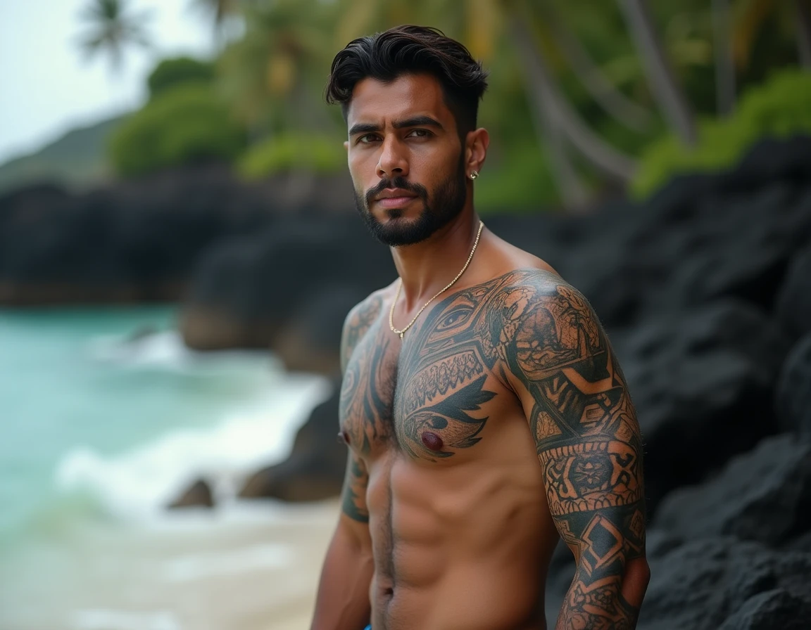 Homme polynésien avec un tatouage manche complète traditionnel aux motifs géométriques sur fond de plage volcanique en Tahiti