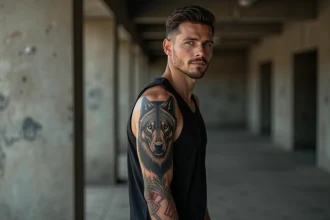 Homme avec un grand tatouage tribal loup sur l'épaule et le bras, style urbain en béton brut