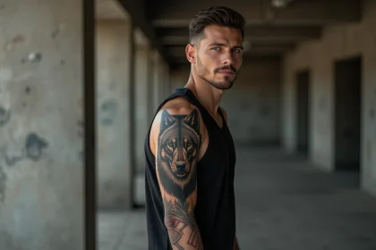 Homme avec un grand tatouage tribal loup sur l'épaule et le bras, style urbain en béton brut