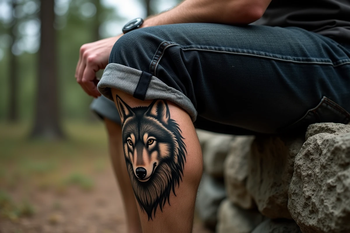 Homme assis montrant un tatouage tribal loup sur le mollet et la jambe dans un décor forestier