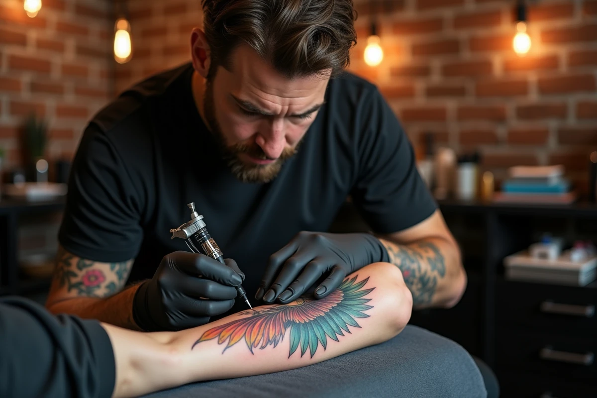 Tatoueur professionnel appliquant un tatouage ailes d'anges style aquarelle sur l'avant-bras d'un client