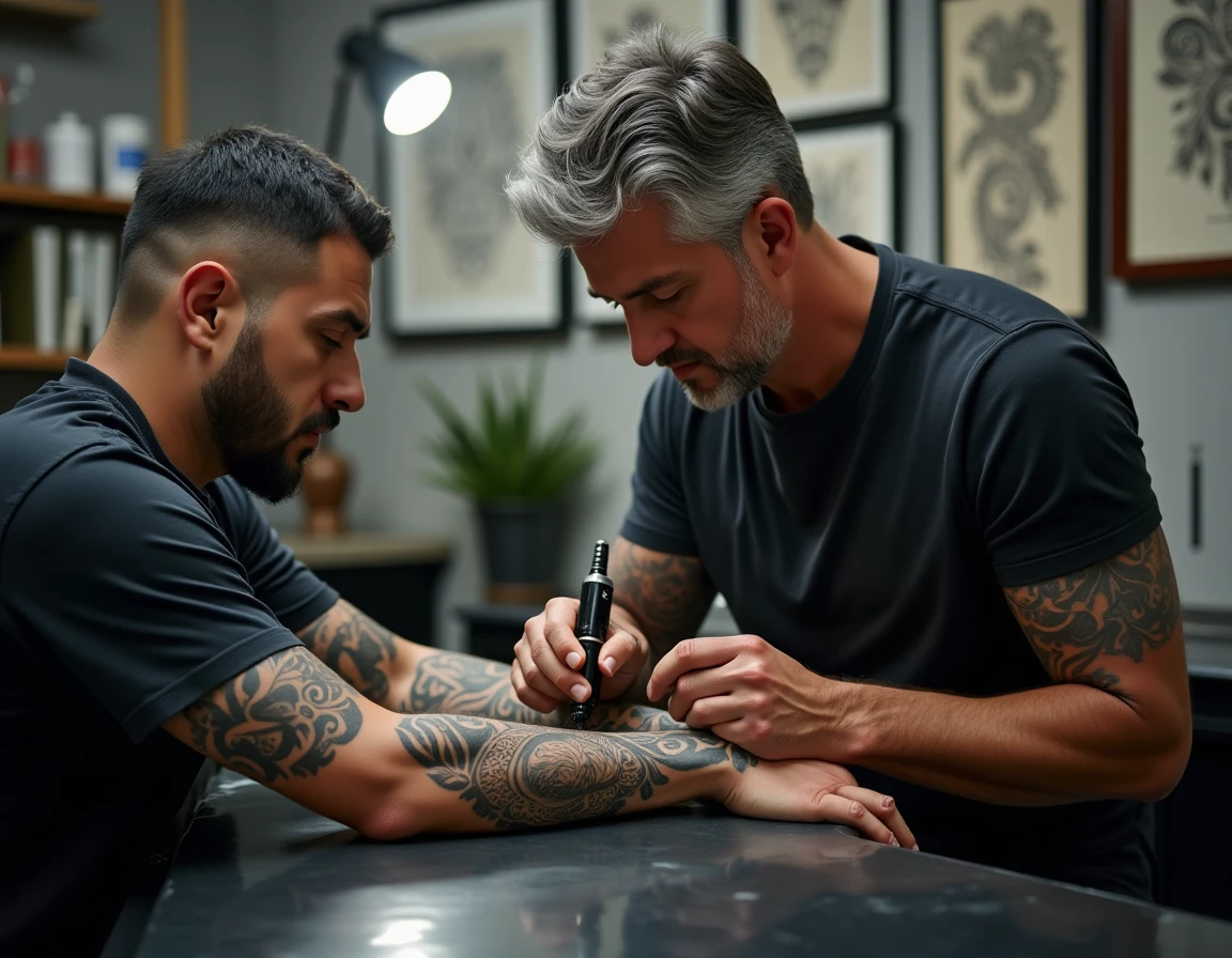 Tatoueur polynésien professionnel en train de réaliser un tatouage de bras aux motifs marquisiens dans un studio moderne