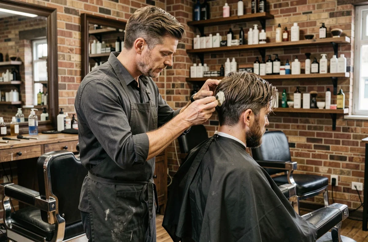 Coiffeur professionnel corrigeant l'application de cire mate dans un barbershop moderne, bonne technique de coiffure