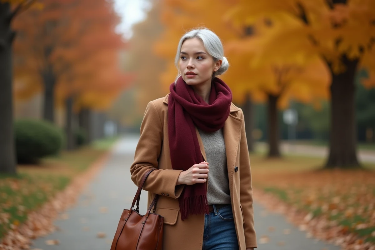 Jeune femme avec un chignon blanc platine dans un parc en automne portant un manteau camel et une écharpe bordeaux