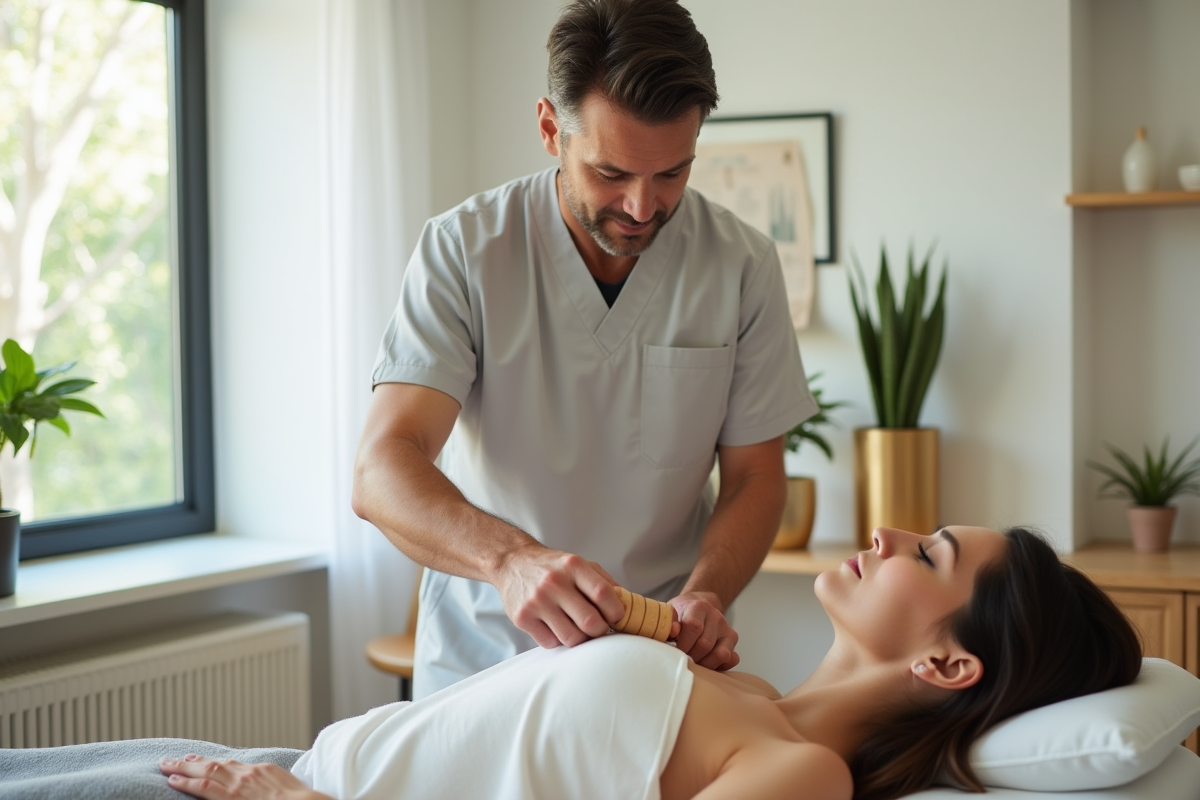 Therapeute montrant la madérothérapie sur un client