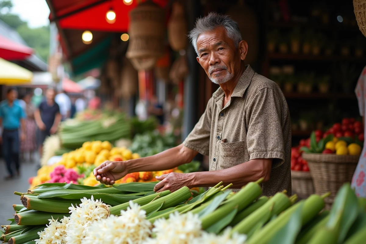 Vendeur de jasmin de Bali au marché traditionnel avec bouquets de fleurs blanches enveloppés dans des feuilles de bananier