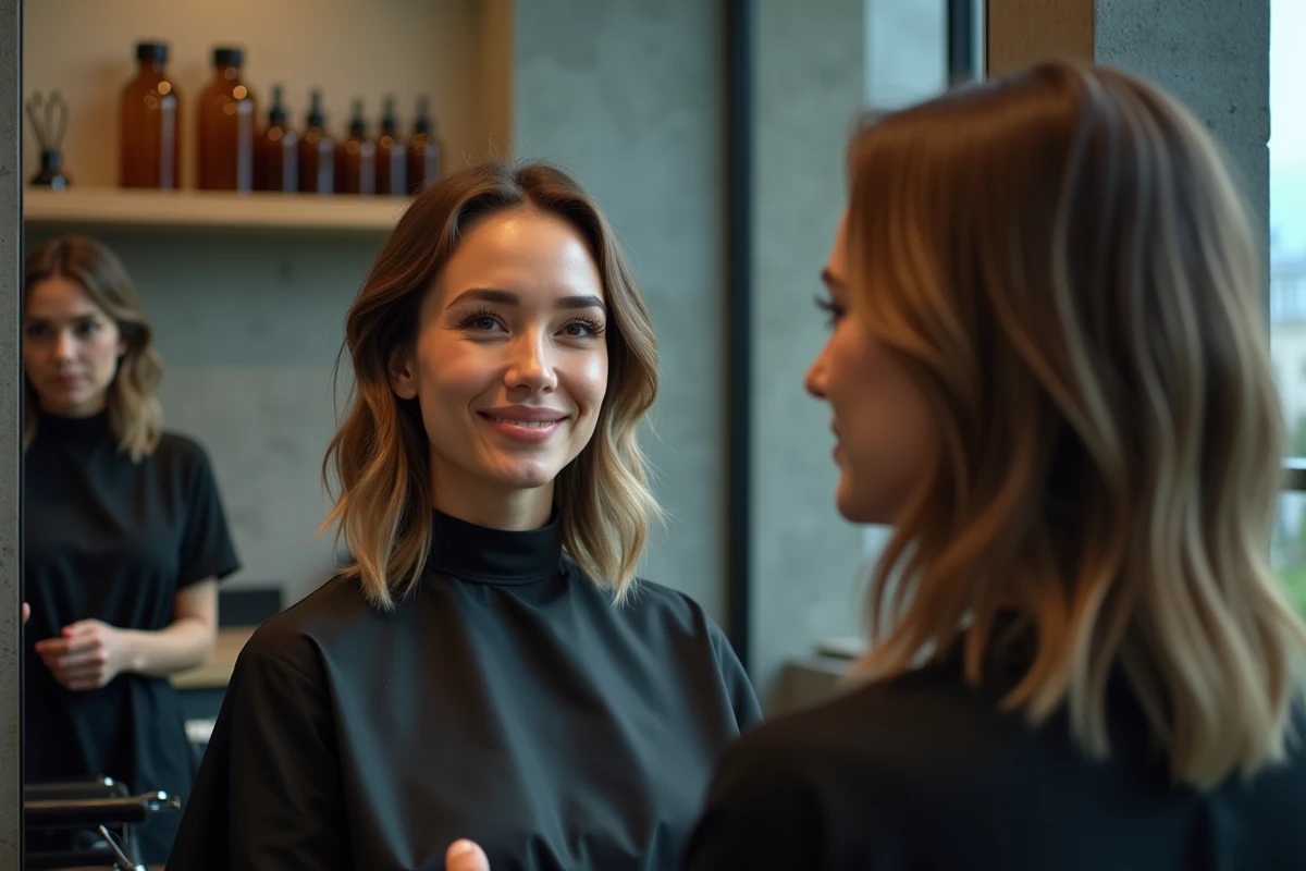 Femme en train de se faire couper les cheveux en wolfcut dans un salon de coiffure contemporain